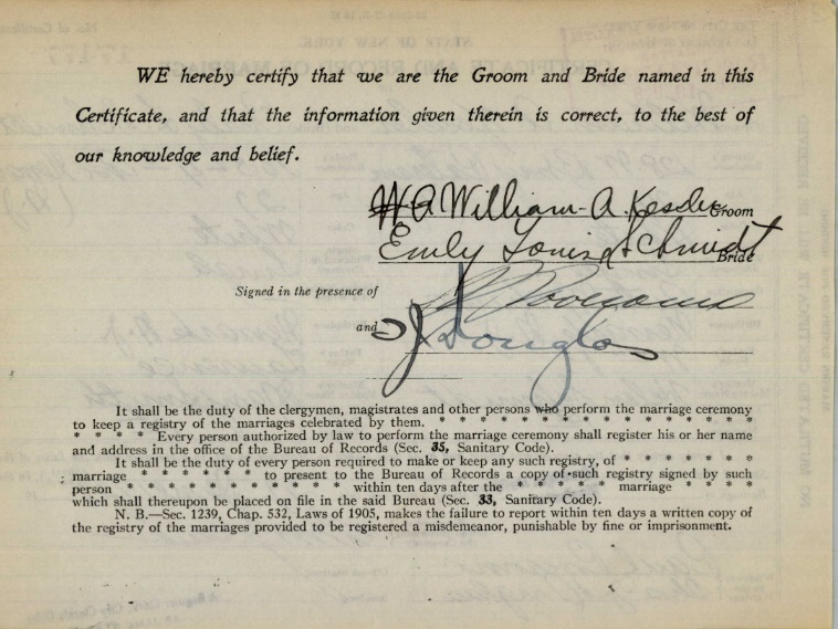 Louise Dyszkiewicz and Arthur Kessler Marriage Certificate