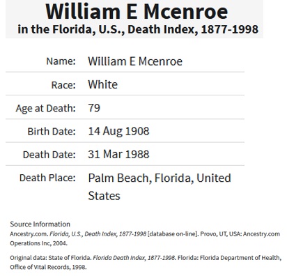 William E. McEnroe Death Index