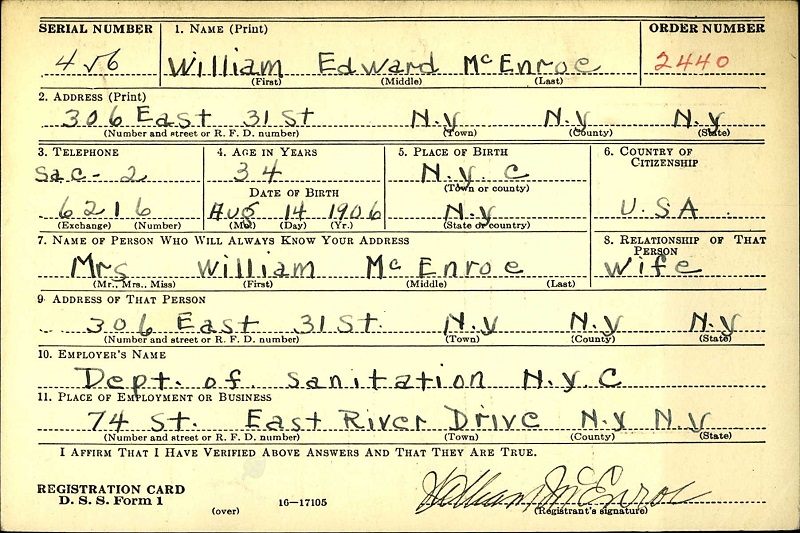 William E. McEnroe WW2 Draft Registration
