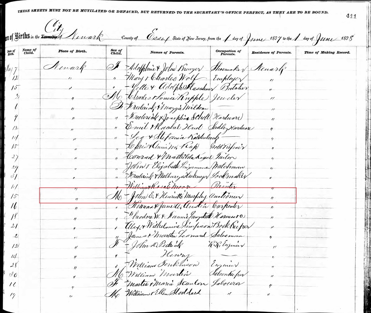 William T. Murphy Birth Record