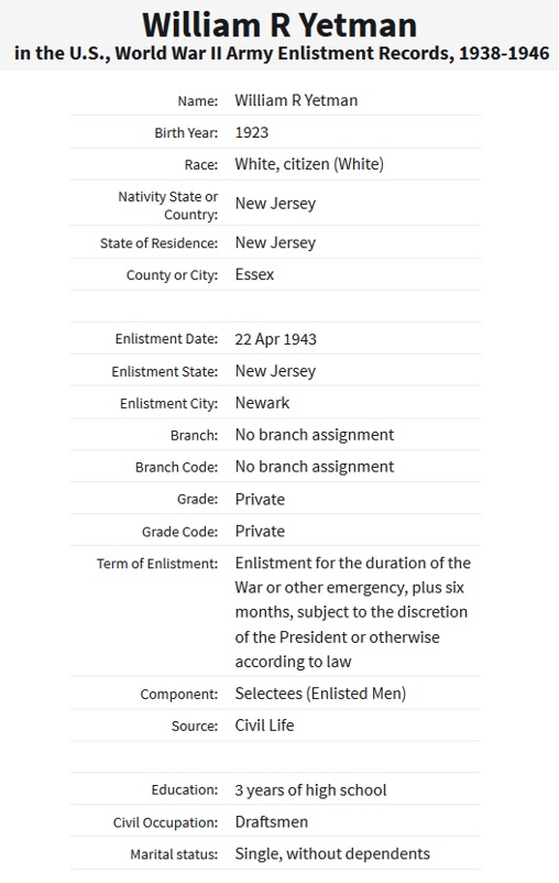 William R. Yetman's World War II Military Record