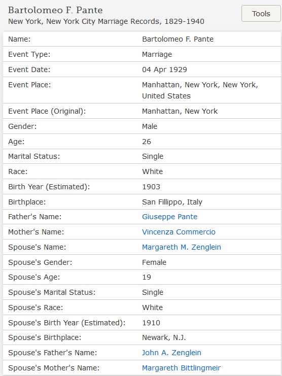Margaret Zenglein and Bartolomeo Pante Marriage Record
